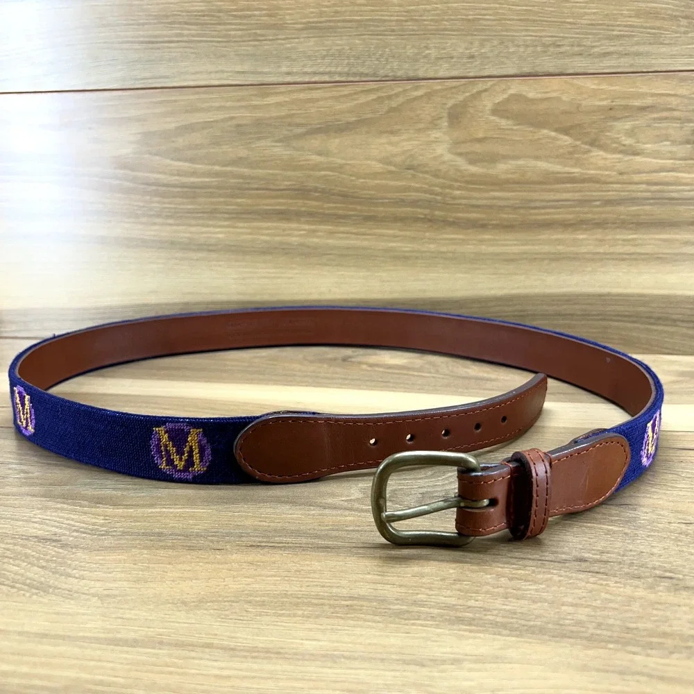 Smathers & Branson Mens Belt Size 42 Needlepoint Navy Handstitched MONOGRAMED